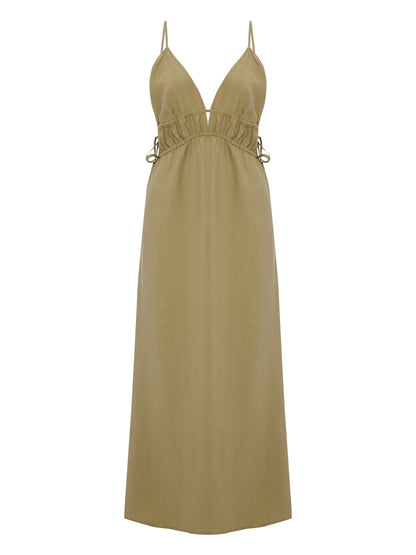Sofia Ties Maxi Dress - Khaki Green