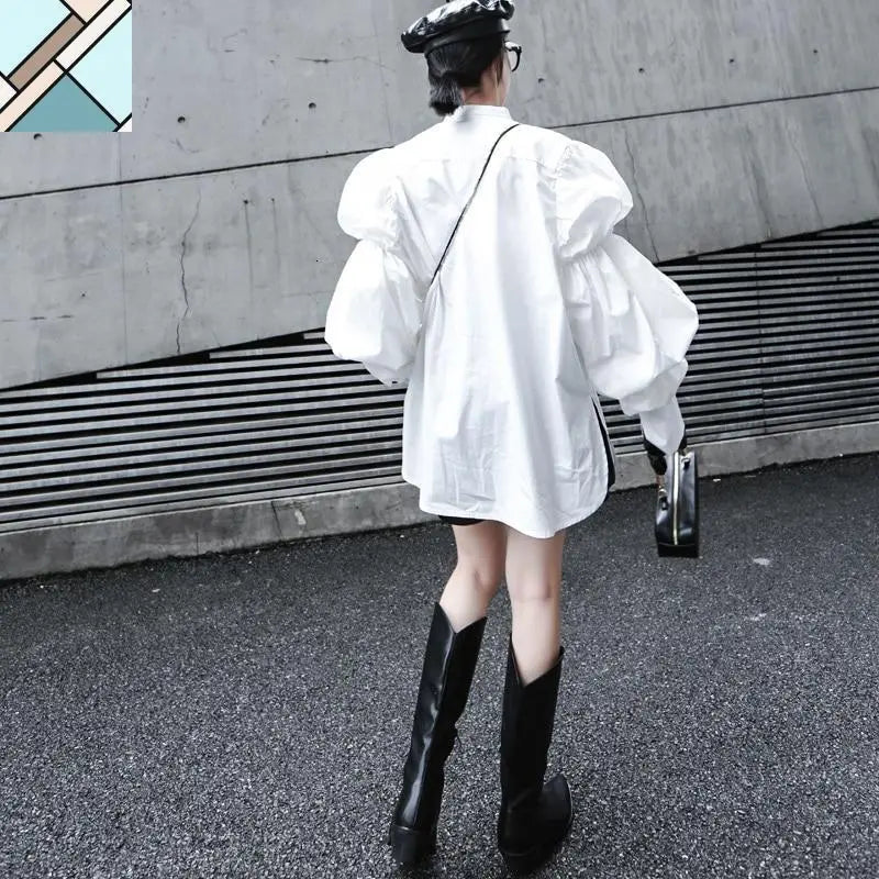 Daoko Pleated Puff Long Sleeve Shirt - White by Marigold Shadows MARIGOLD SHADOWS