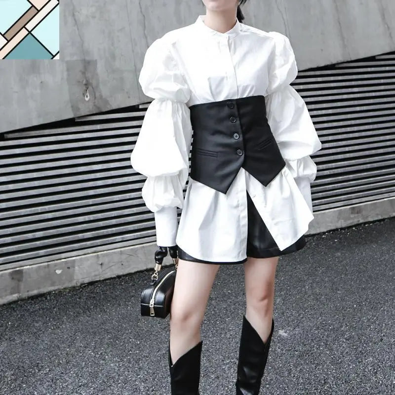 Daoko Pleated Puff Long Sleeve Shirt - White by Marigold Shadows MARIGOLD SHADOWS