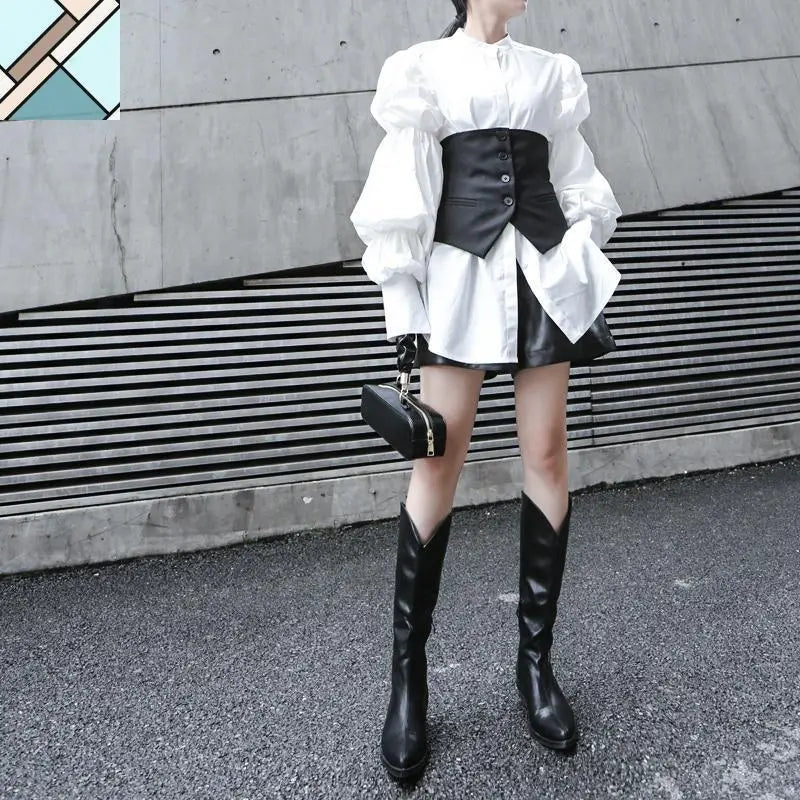 Daoko Pleated Puff Long Sleeve Shirt - White by Marigold Shadows MARIGOLD SHADOWS