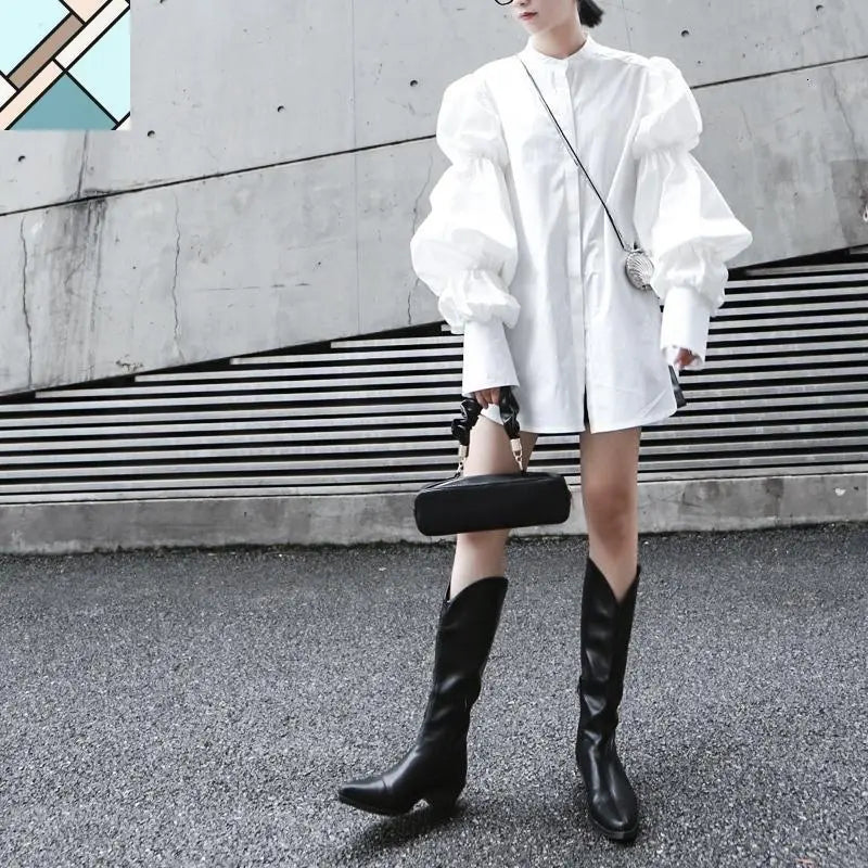 Daoko Pleated Puff Long Sleeve Shirt - White by Marigold Shadows MARIGOLD SHADOWS