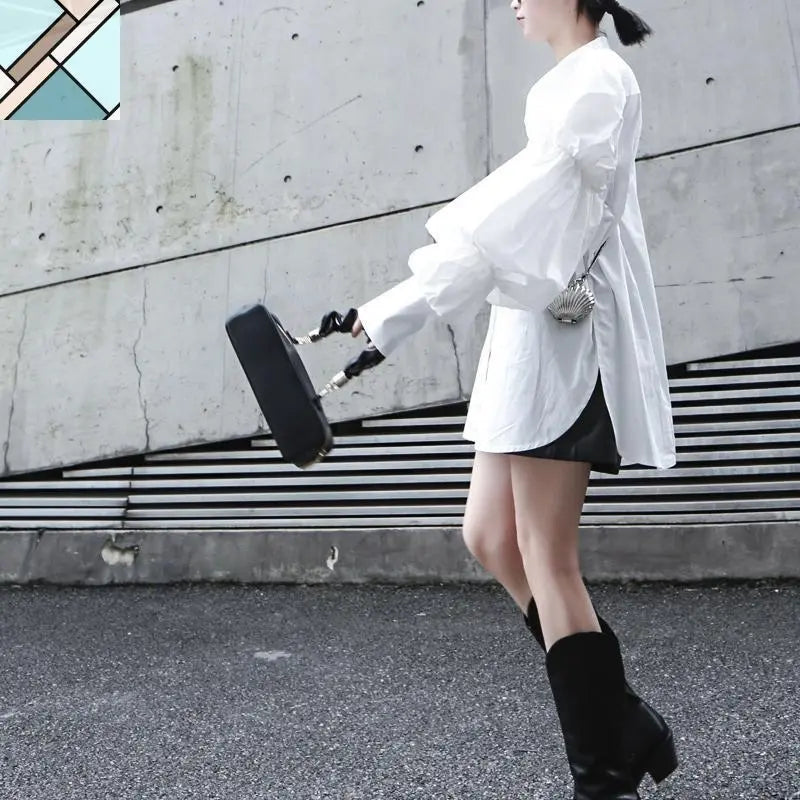 Daoko Pleated Puff Long Sleeve Shirt - White by Marigold Shadows MARIGOLD SHADOWS