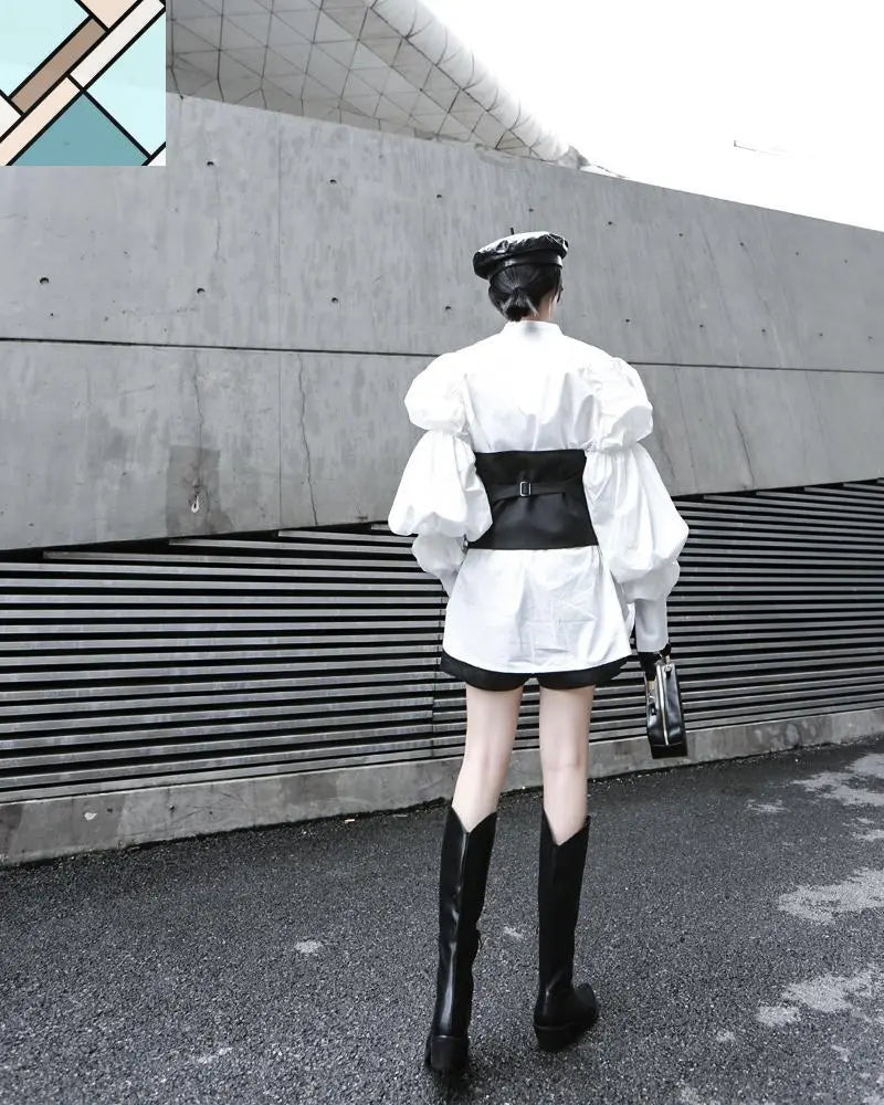 Daoko Pleated Puff Long Sleeve Shirt - White by Marigold Shadows MARIGOLD SHADOWS