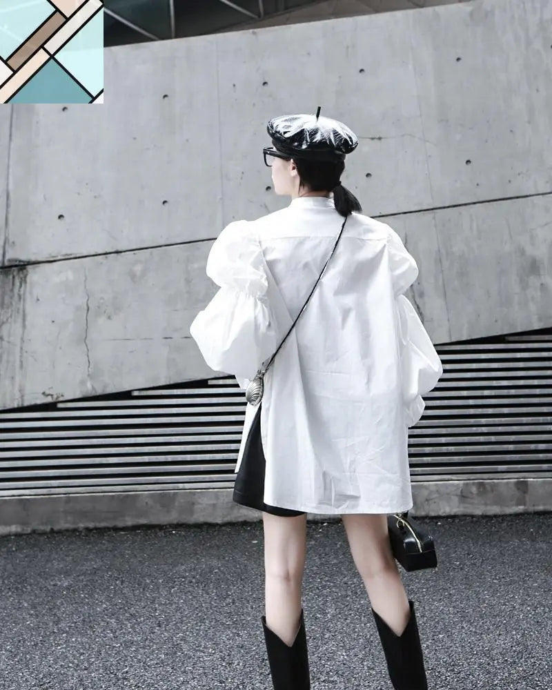 Daoko Pleated Puff Long Sleeve Shirt - White by Marigold Shadows MARIGOLD SHADOWS