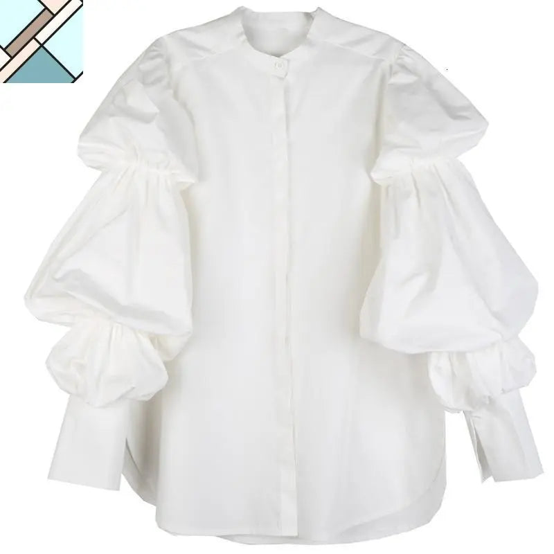 Daoko Pleated Puff Long Sleeve Shirt - White by Marigold Shadows MARIGOLD SHADOWS