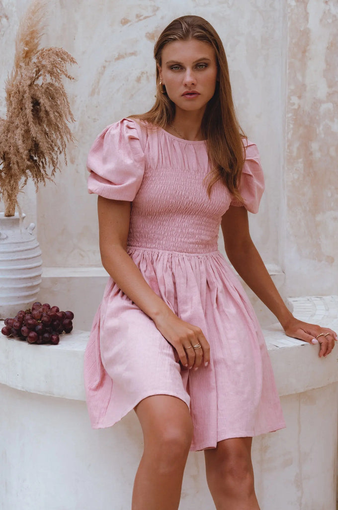 Elodie Smocked Linen Mini Dress by Bali Lane Bali Lane