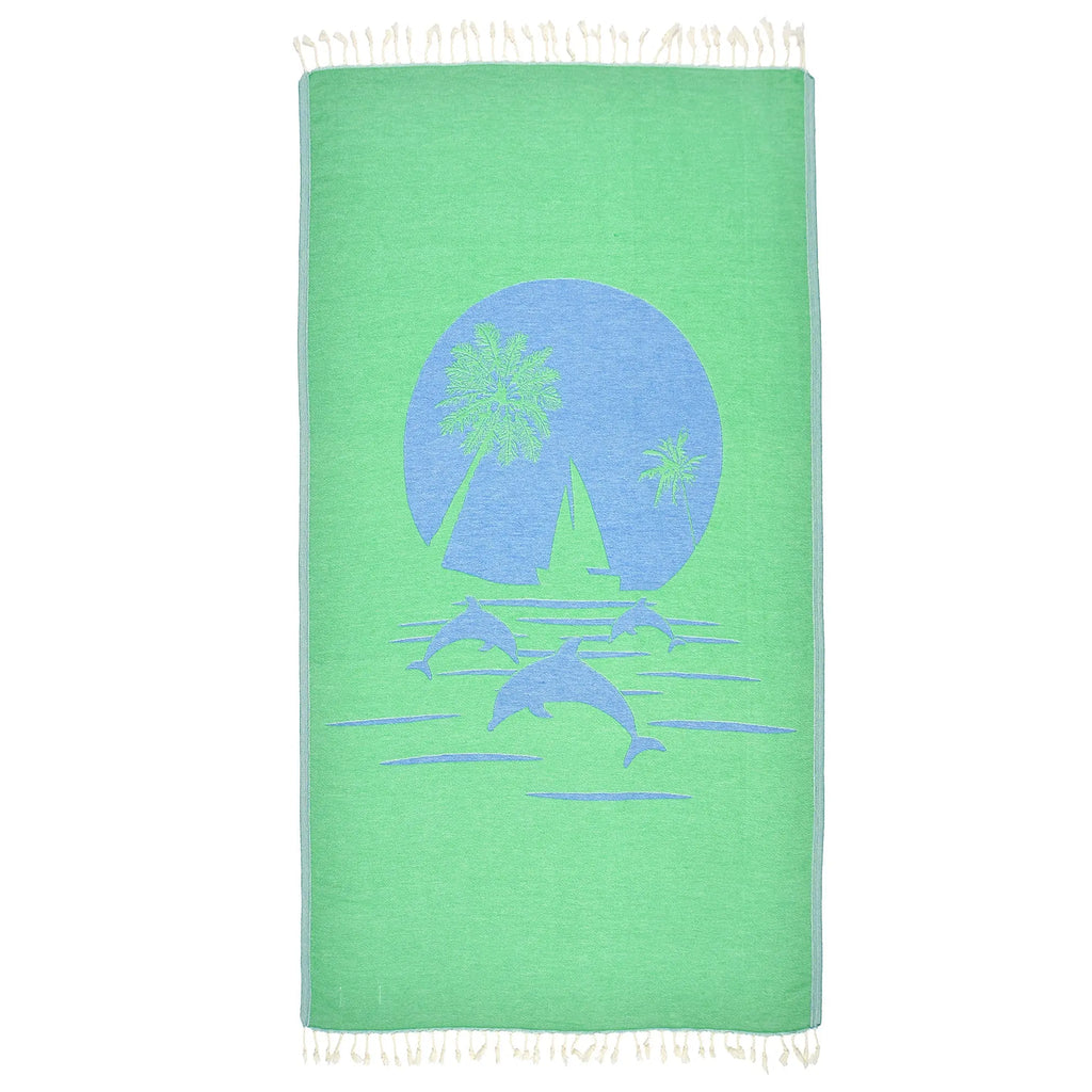 Exclusive Green Dolphins Peshtemal Pure Cotton Beach Towel by La'Hammam - Ladiesse