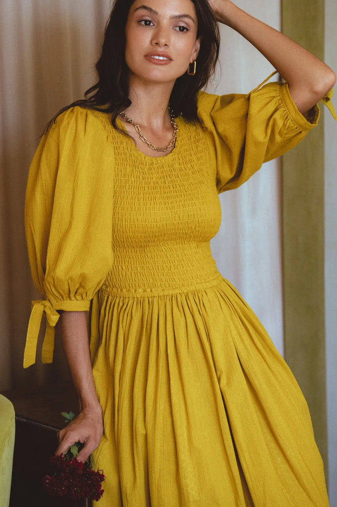 Freya Smocked Linen Midi Dress by Bali ELF Bali ELF