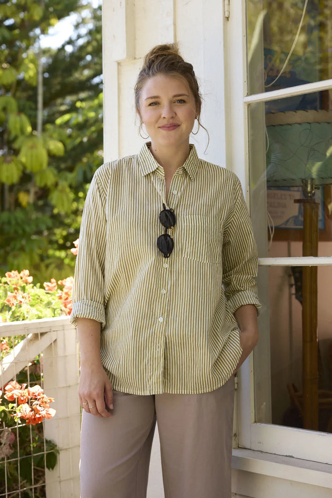 Good Boyfriend Shirt - Menswear Stripe Olive Oil by And For Good And For Good