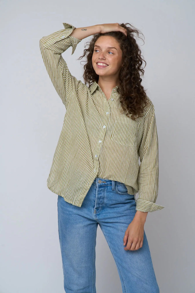Good Boyfriend Shirt - Menswear Stripe Olive Oil by And For Good And For Good