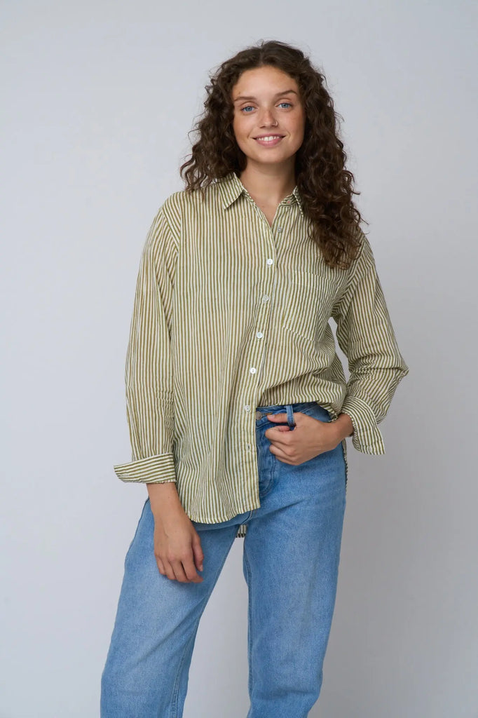 Good Boyfriend Shirt - Menswear Stripe Olive Oil by And For Good And For Good