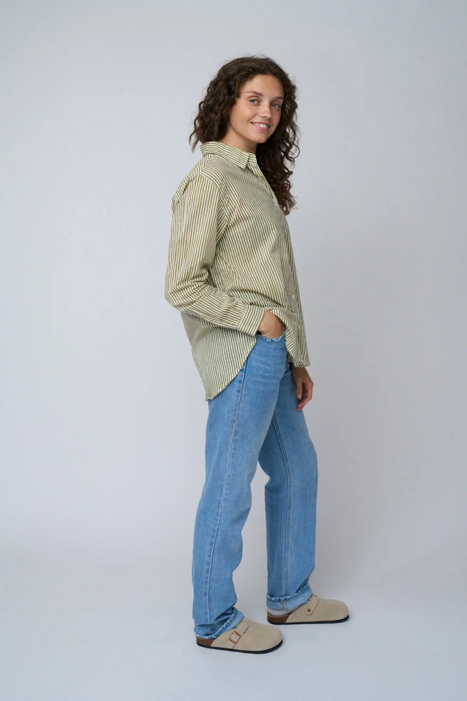 Good Boyfriend Shirt - Menswear Stripe Olive Oil by And For Good And For Good