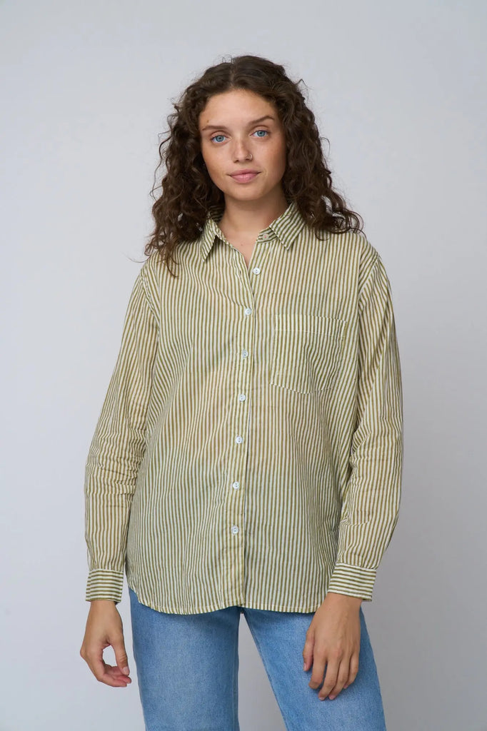 Good Boyfriend Shirt - Menswear Stripe Olive Oil by And For Good And For Good