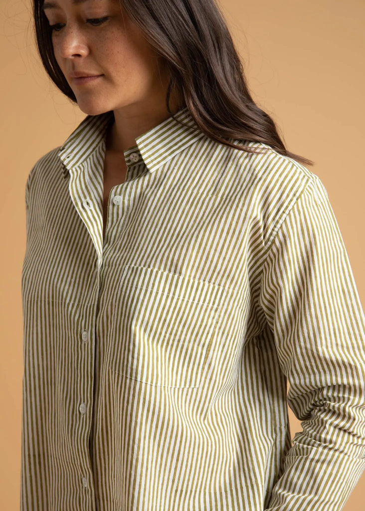 Good Boyfriend Shirt - Menswear Stripe Olive Oil by And For Good And For Good