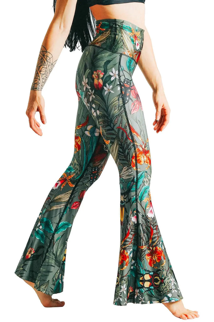 Green Thumb Printed Bell Bottoms by Yoga Democracy Yoga Democracy