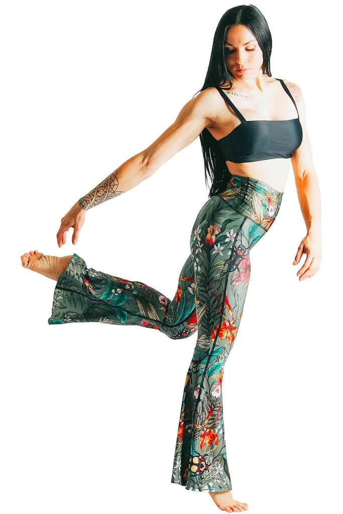 Green Thumb Printed Bell Bottoms by Yoga Democracy Yoga Democracy