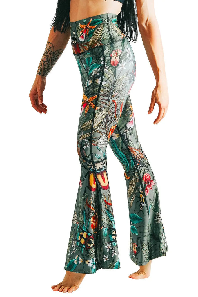 Green Thumb Printed Bell Bottoms by Yoga Democracy Yoga Democracy