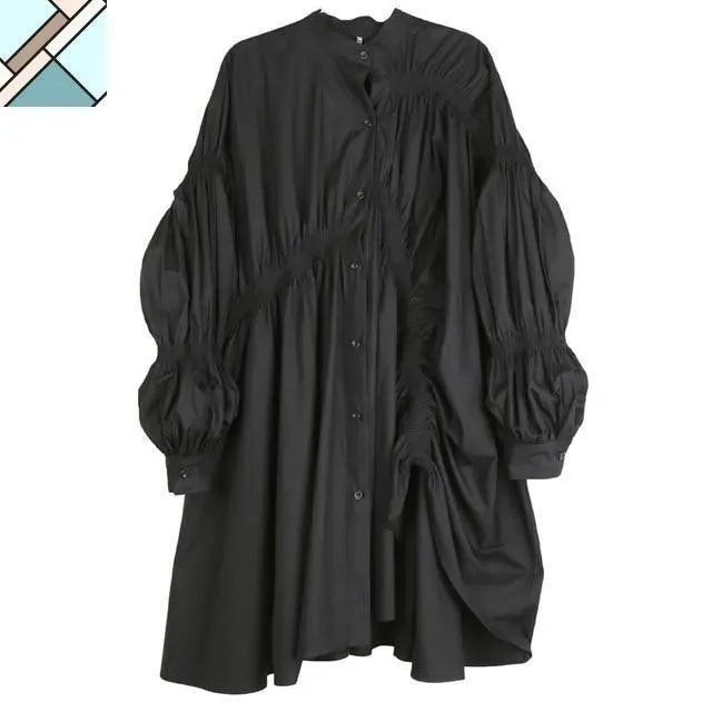 Hotaru Long Sleeve Pleated Shirt Dress - Black by Marigold Shadows MARIGOLD SHADOWS