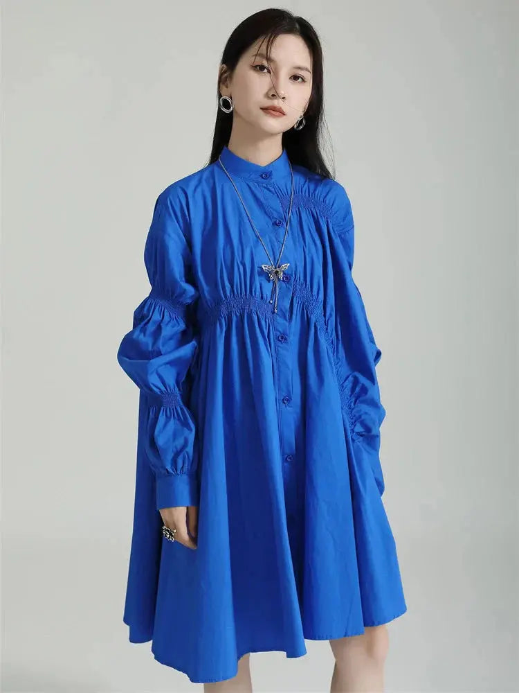 Hotaru Long Sleeve Pleated Shirt Dress - Blue by Marigold Shadows Marigold Shadows