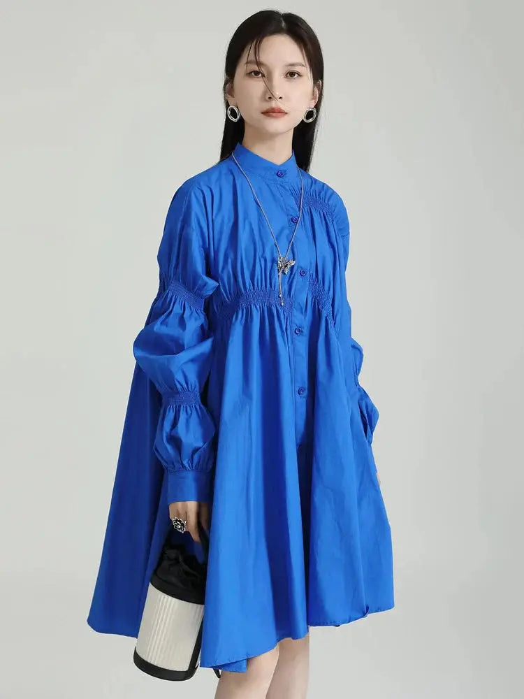 Hotaru Long Sleeve Pleated Shirt Dress - Blue by Marigold Shadows Marigold Shadows