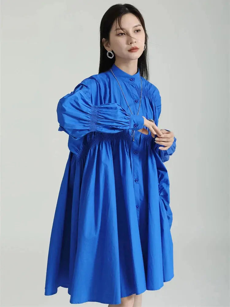 Hotaru Long Sleeve Pleated Shirt Dress - Blue by Marigold Shadows Marigold Shadows