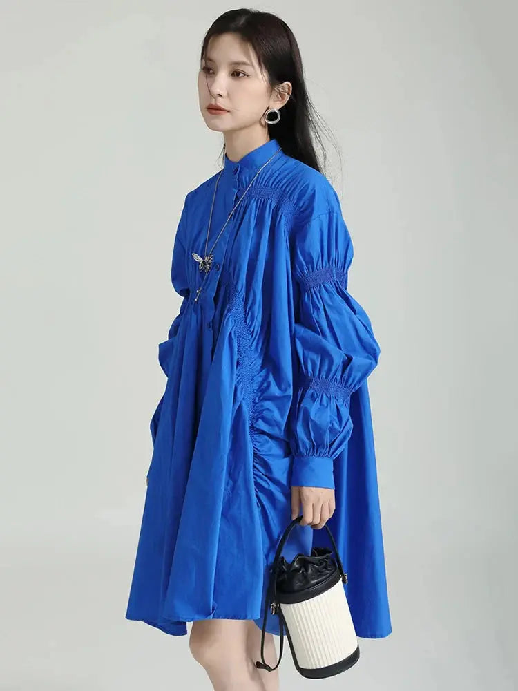 Hotaru Long Sleeve Pleated Shirt Dress - Blue by Marigold Shadows Marigold Shadows