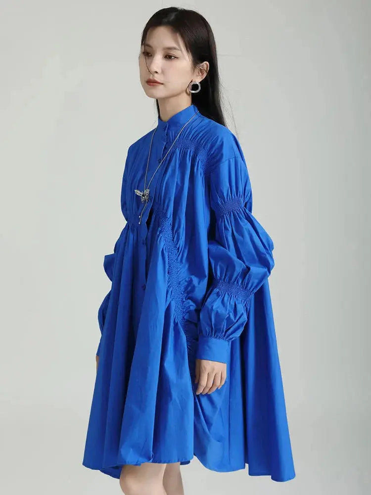 Hotaru Long Sleeve Pleated Shirt Dress - Blue by Marigold Shadows Marigold Shadows