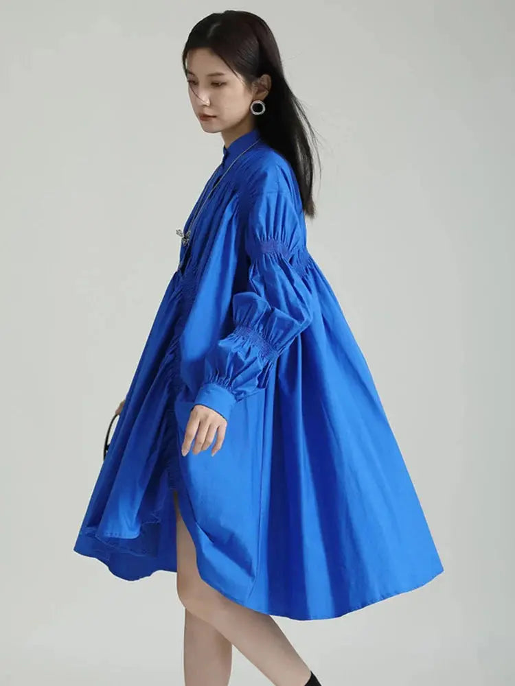Hotaru Long Sleeve Pleated Shirt Dress - Blue by Marigold Shadows Marigold Shadows
