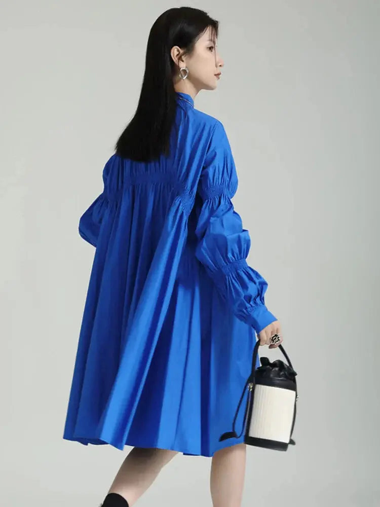 Hotaru Long Sleeve Pleated Shirt Dress - Blue by Marigold Shadows Marigold Shadows