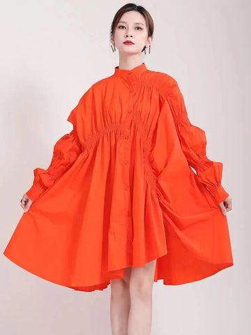 Hotaru Long Sleeve Pleated Shirt Dress - Orange by Marigold Shadows Marigold Shadows