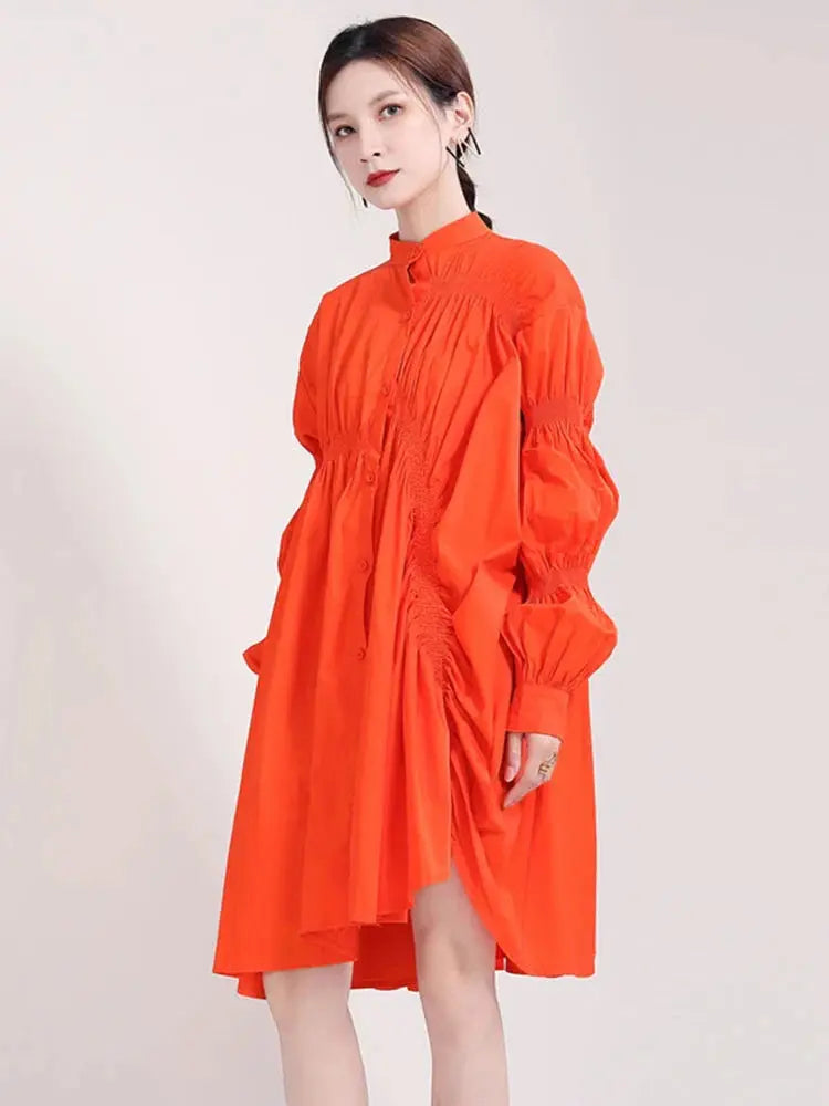 Hotaru Long Sleeve Pleated Shirt Dress - Orange by Marigold Shadows Marigold Shadows