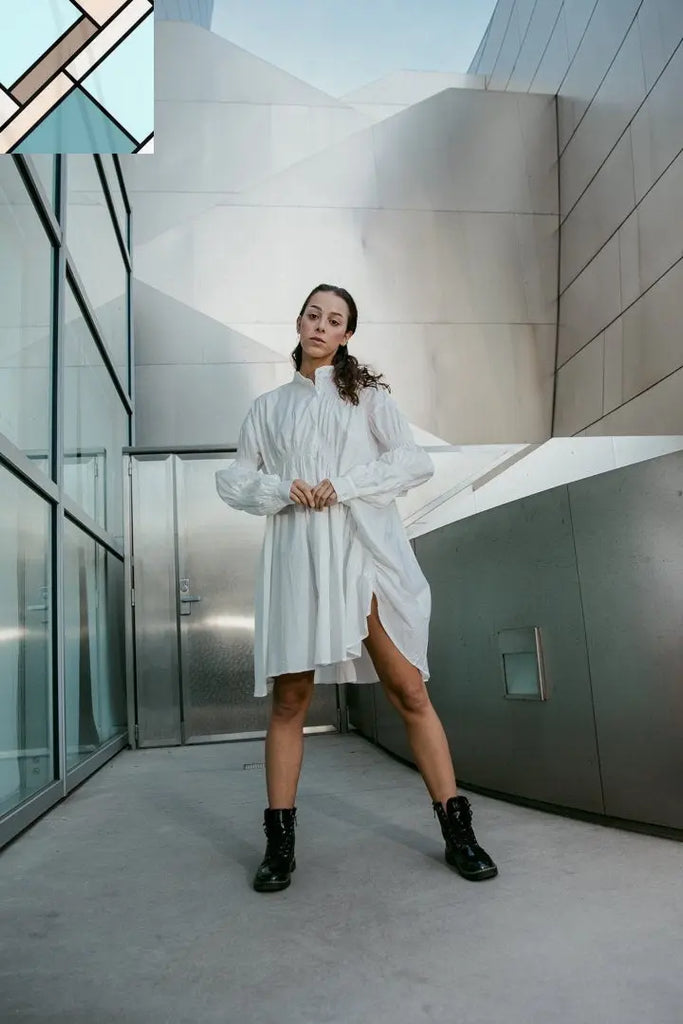 Hotaru Long Sleeve Pleated Shirt Dress - White by Marigold Shadows MARIGOLD SHADOWS