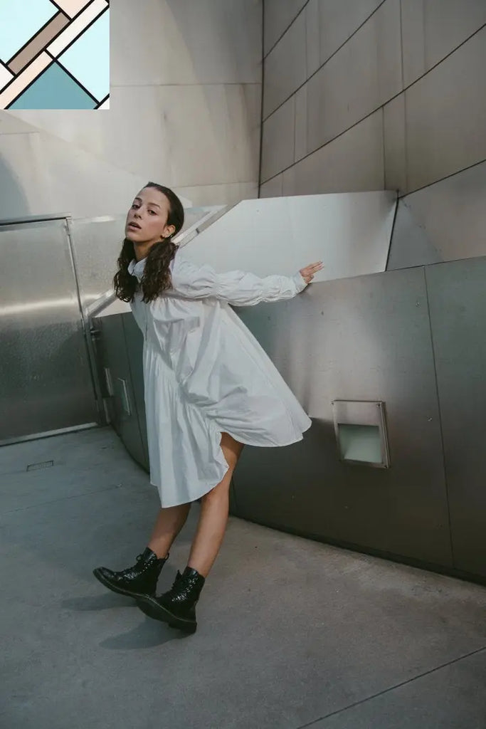 Hotaru Long Sleeve Pleated Shirt Dress - White by Marigold Shadows MARIGOLD SHADOWS