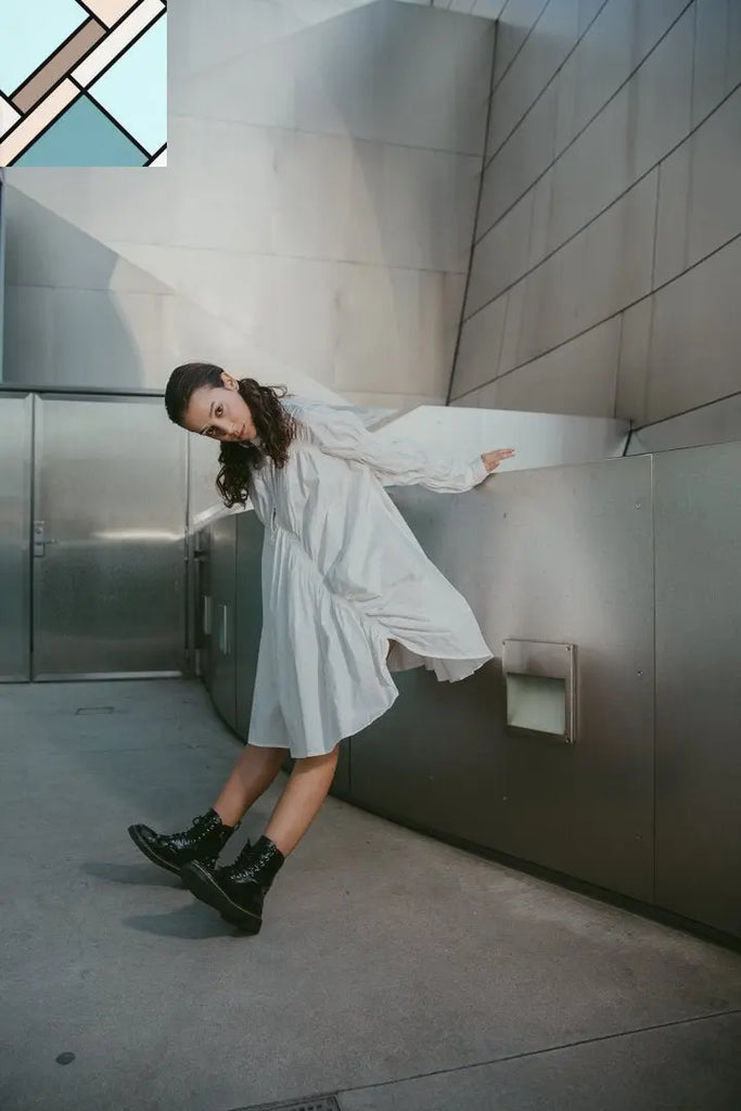 Hotaru Long Sleeve Pleated Shirt Dress - White by Marigold Shadows MARIGOLD SHADOWS