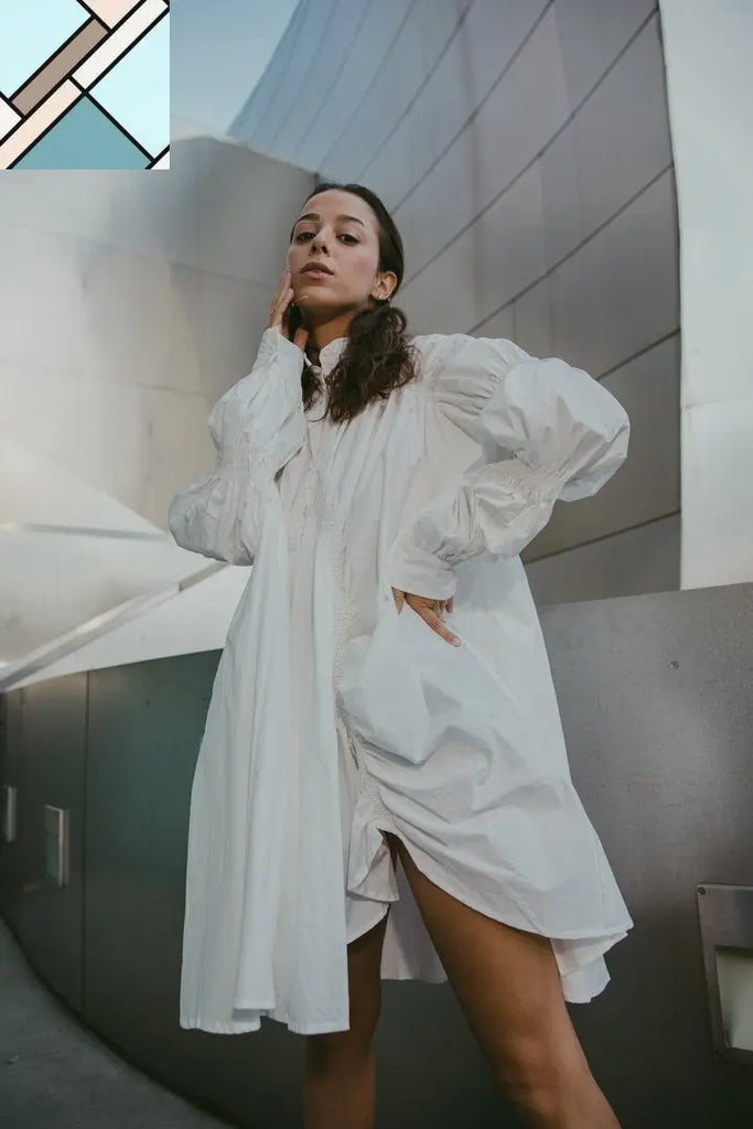 Hotaru Long Sleeve Pleated Shirt Dress - White by Marigold Shadows MARIGOLD SHADOWS