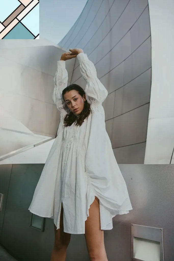 Hotaru Long Sleeve Pleated Shirt Dress - White by Marigold Shadows MARIGOLD SHADOWS