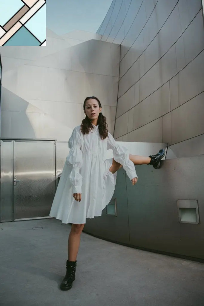 Hotaru Long Sleeve Pleated Shirt Dress - White by Marigold Shadows MARIGOLD SHADOWS