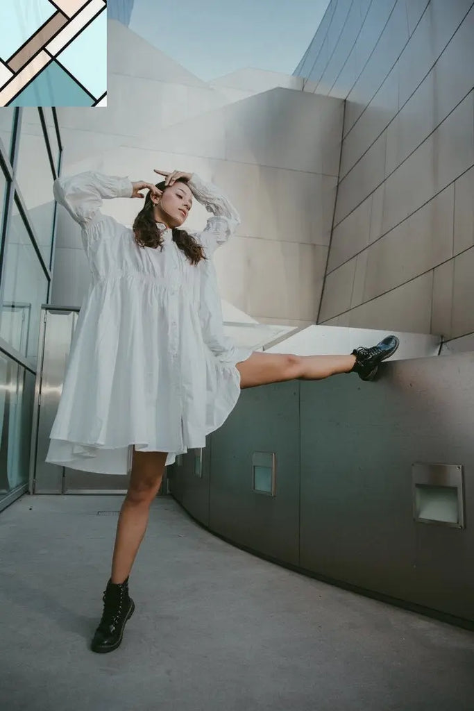 Hotaru Long Sleeve Pleated Shirt Dress - White by Marigold Shadows MARIGOLD SHADOWS