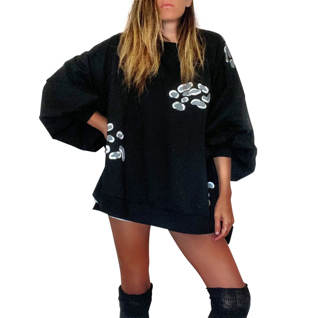 Oversized black crewneck sweatshirt. Panther pattern painted throughout in gray and white. Signed @wrenandglory.