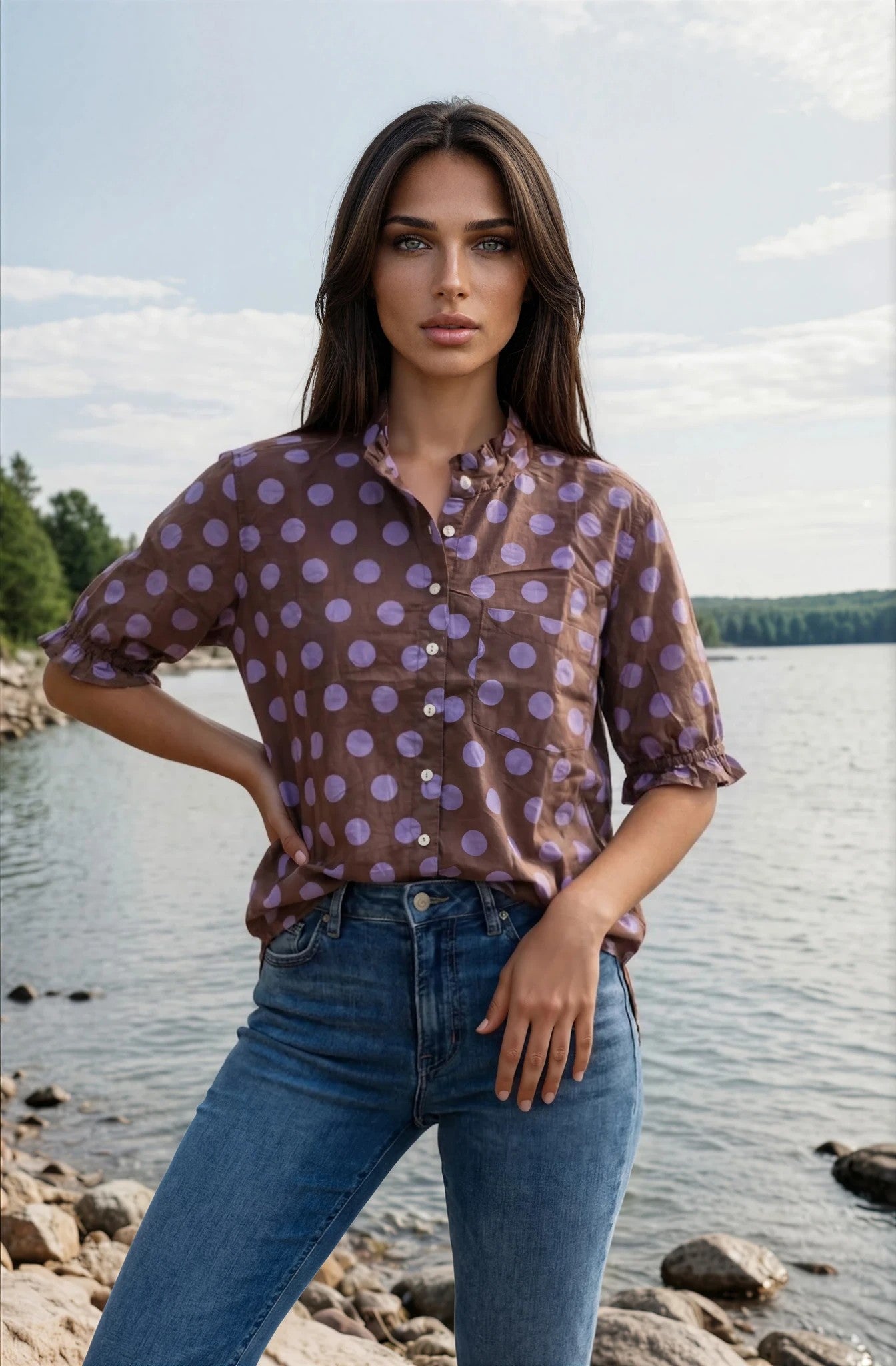 Good Girlfriend Shirt With Ruffle Trim - True Dot Cocoa Lavender