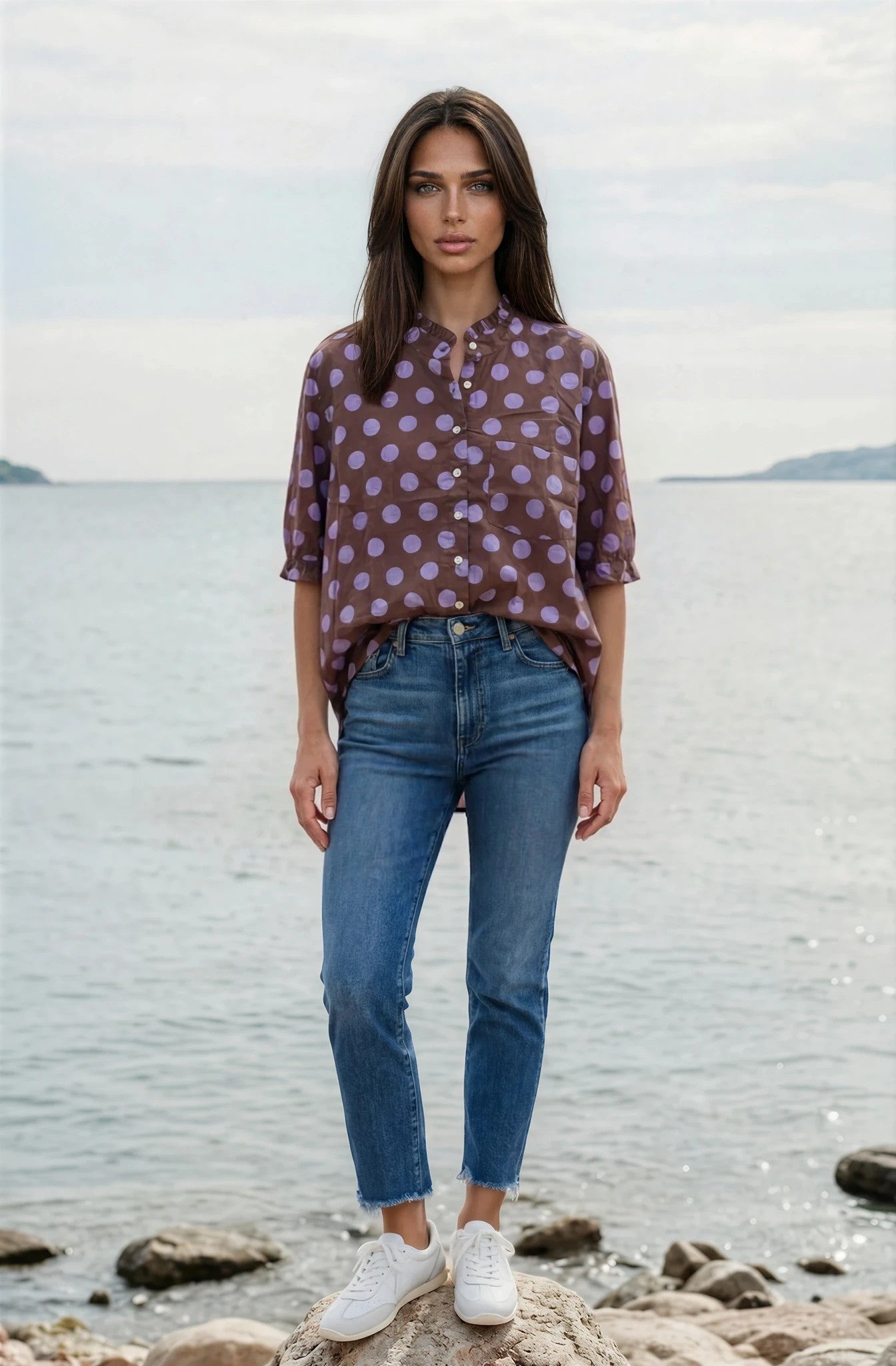 Good Girlfriend Shirt With Ruffle Trim - True Dot Cocoa Lavender