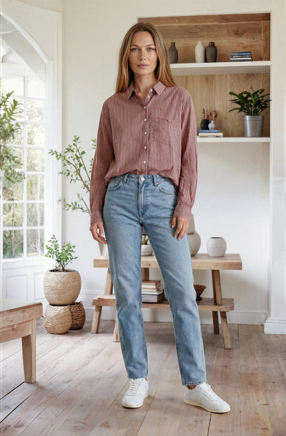 Good Boyfriend Shirt - Menswear Stripe Mocha Overdye