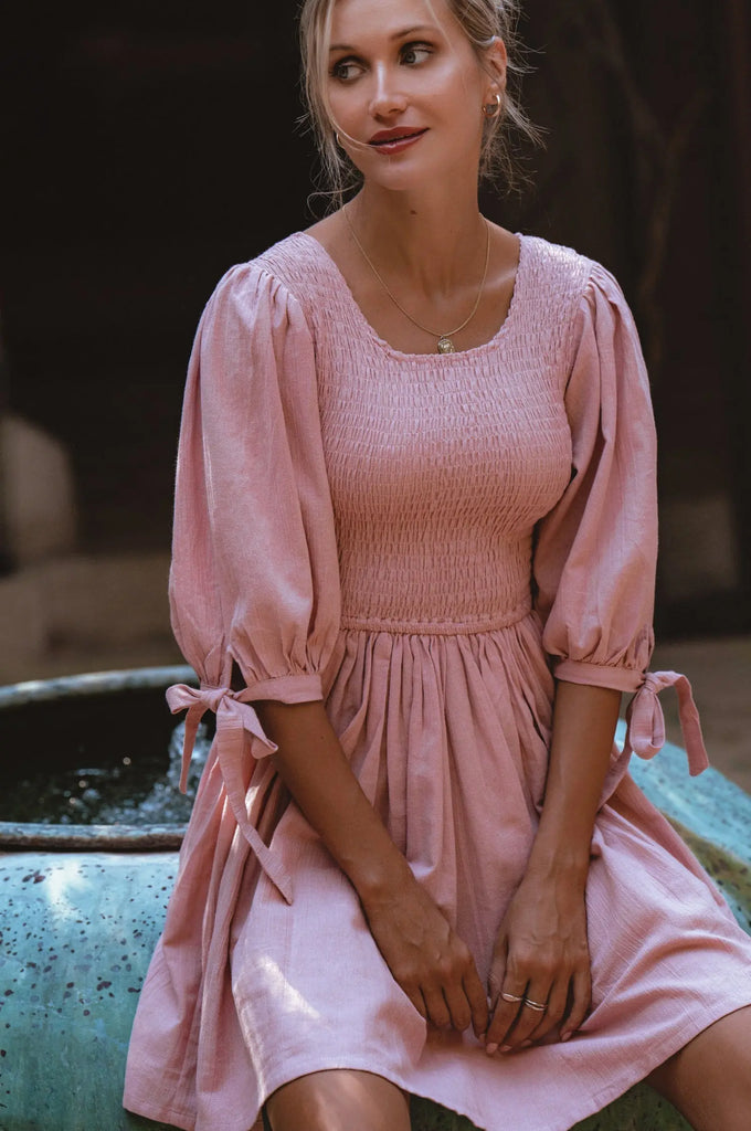 Jolie Puff Sleeve Linen Mini Dress by Bali ELF Bali ELF