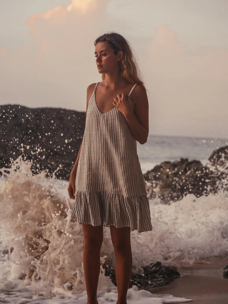 Liv Mini Ruffle Dress - Black Stripes by The Handloom The Handloom