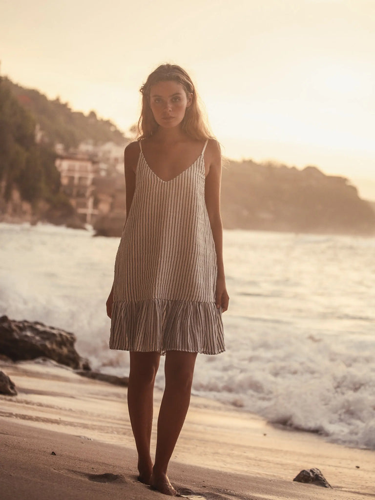 Liv Mini Ruffle Dress - Black Stripes by The Handloom The Handloom