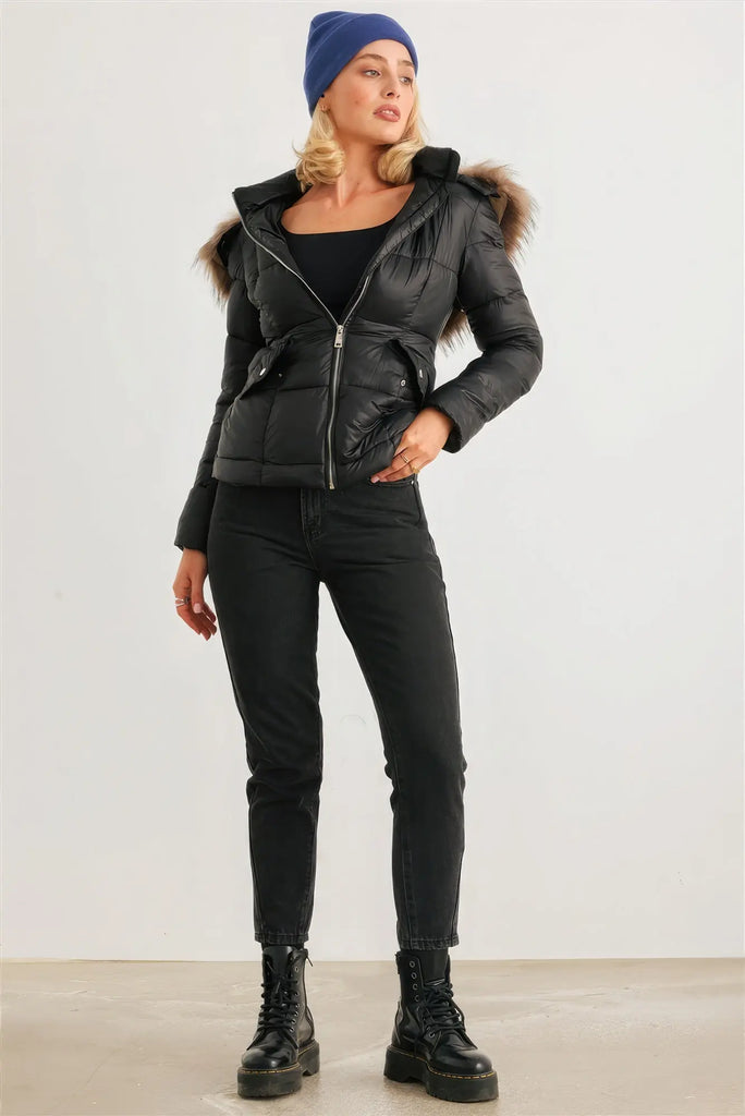 Long Sleeve Faux Fur Hood Padded Water Resistant Finish Jacket by VYSN VYSN