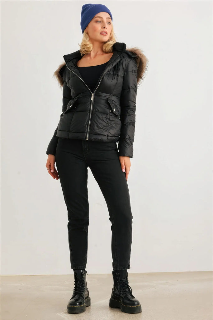 Long Sleeve Faux Fur Hood Padded Water Resistant Finish Jacket by VYSN VYSN