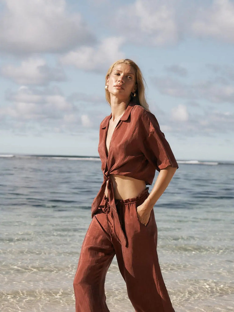 Lucid Flow Tie Pants - Burgundy by The Handloom The Handloom