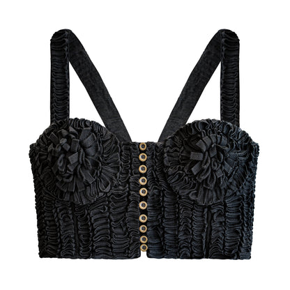 MARIGOLD Hand-Embroidered Ribbon Bustier Top in Black