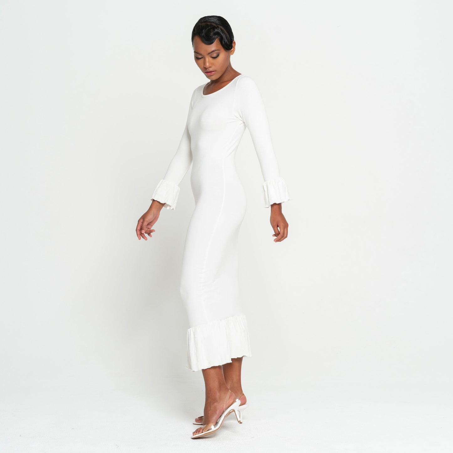 MARJORIE Bamboo Ruffle Dress in Off-White
